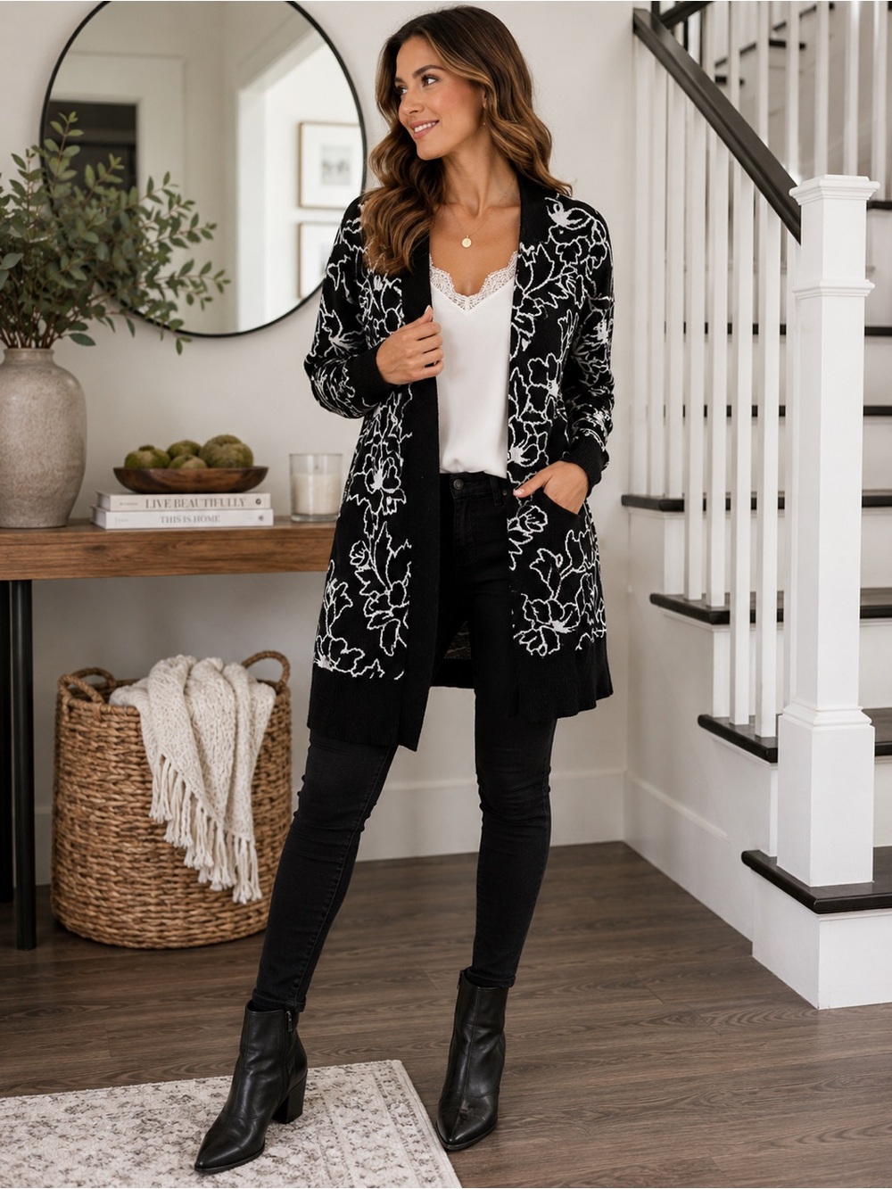 Scarlett Black and White Floral Open-Front Cardigan
